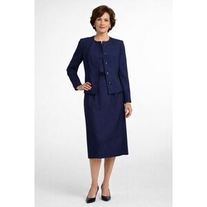 Vintage Bert Newman Made in USA Classic Navy Blue Blazer Skirt Suit Set 8